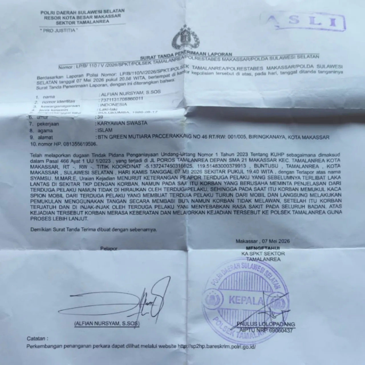 Kasus Penganiayaan yang Dilakukan Seorang ASN Pelayanan Barombong Mandek ditangan Polsek Tamalanrea 1 20260607 175041