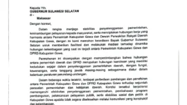 Bupati Gowa, Husniah Talenrang Surati Gubernur Sulsel perihal Permohonan Fasilitasi dan Mediasi antara Pemerintah Kabupaten Gowa dan DPRD Kabupaten Gowa ditengah kisruh Gak Angkat.