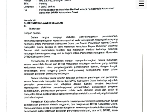 Bupati Gowa, Husniah Talenrang Surati Gubernur Sulsel perihal Permohonan Fasilitasi dan Mediasi antara Pemerintah Kabupaten Gowa dan DPRD Kabupaten Gowa ditengah kisruh Gak Angkat.