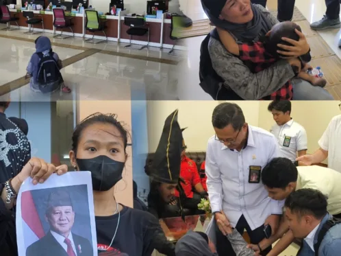 Kumala Elvira bersama Anaknya menunjukkan foto Presiden Prabowo Subianto saat mendatangi Pengadilan Negeri Sungguminasa, Gowa, Senin (24/8/2026). Istri terdakwa Ilyas Sitaba itu meminta perhatian pemerintah dan berharap suaminya memperoleh keadilan dalam perkara pencurian Tanah Timbunan yang tengah dituduhkan dan disidangkan.