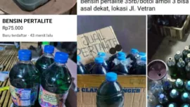 penawaran BBM melalui Facebook Marketplace. Dalam salah satu tangkapan layar yang diperoleh, terdapat penawaran bertuliskan “BENSIN PERTALITE” dengan harga Rp75 ribu.