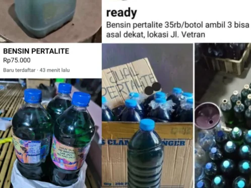 penawaran BBM melalui Facebook Marketplace. Dalam salah satu tangkapan layar yang diperoleh, terdapat penawaran bertuliskan “BENSIN PERTALITE” dengan harga Rp75 ribu.
