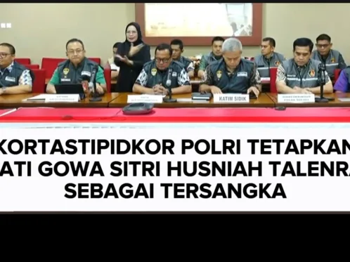 Penetapan tersangka Bupati Gowa, Sitti Husniah Talenrang disampaikan Kortastipidkor Polri dalam konferensi pers di Aula TBOR, Gedung Awaloedin Djamin, Jakarta, Jumat, 25 September 2026, sekitar pukul 14.00 WIB.